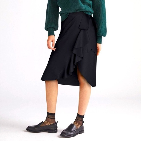 ANTHRO Maeve Ruffle Tie Midi Skirt Ruffle Black Classic Preppy Office Size 2 - Picture 9 of 9